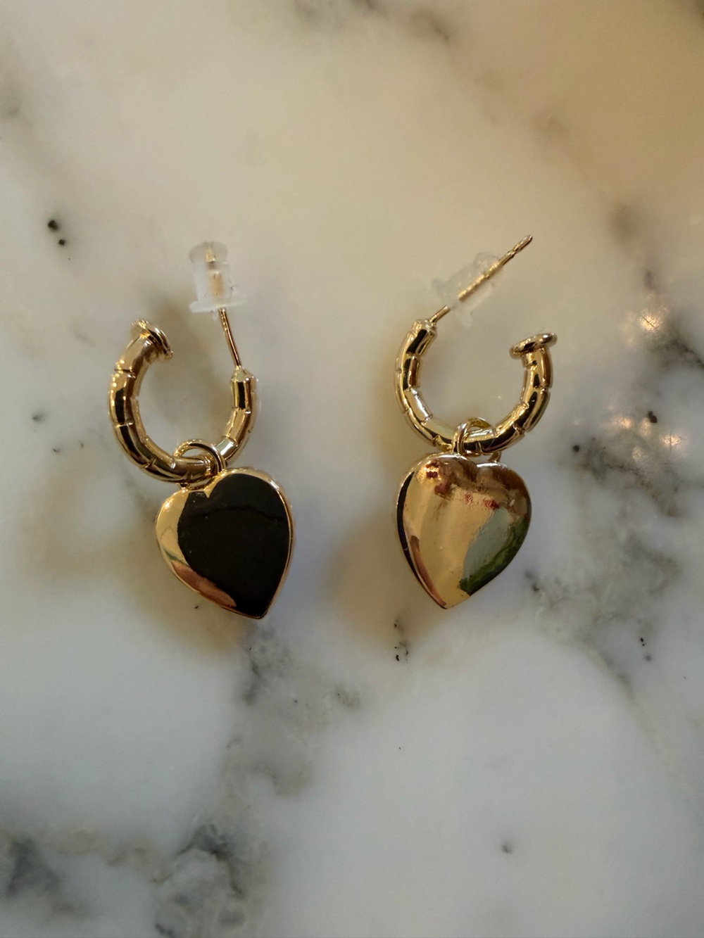 NWOT Gold Tone Black Crystal Heart Hoop Earrings | Rhinestone Dangle Mini Hoops - Picture 3 of 4